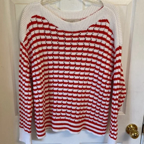 LOFT Red & White Checker-Stripe Boat Neck Sweater - Picture 1 of 9